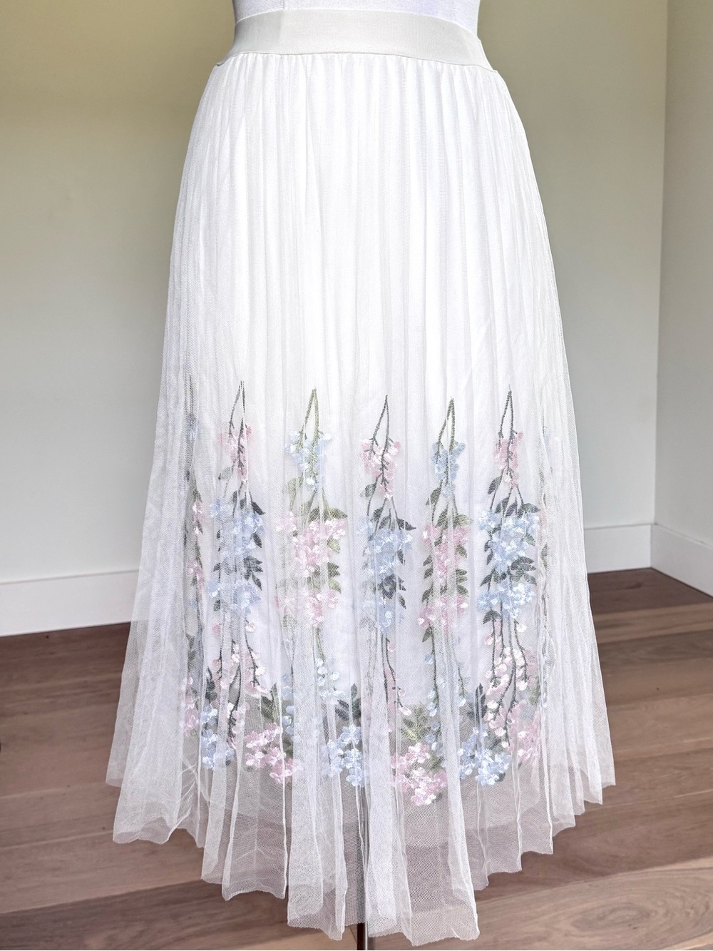 Moon Collection Floral Embroidered Tulle Midi Skirt Cream Pastels Small Medium